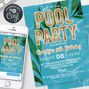 Tropical Pool Party Birthday Invitation, Digital Invite 5x7 4x6 Editable Template PDF JPG
