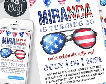 May include: A digital and printed invitation for a 30th birthday party. The invitation features a red, white, and blue color scheme with stars and stripes. The text on the invitation reads "Miranda is turning 30" and "come celebrate with us!" The date of the party is July 4, 2021.