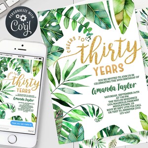 30th Birthday Invitation: Tropical Summer Birthday Thirty, Printable Editable Template PDF JPG