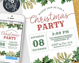 May include: A white Christmas party invitation with green holly and red berries. The text reads "Please join us for a Christmas Party" with the date and time of the party. The invitation is on a gold glitter background.