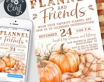 May include: A digital invitation for a Friendsgiving celebration with the text "Flannel and Friends" and a watercolor illustration of pumpkins and a plaid blanket. The invitation includes the date, time, and location of the event.