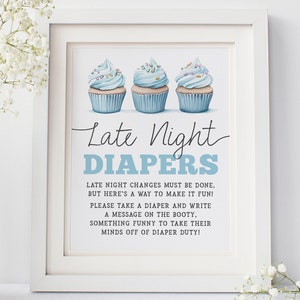 Bord luiers 's avonds laat, 8 x 10 blauwe cupcake babystrooisel afdrukbaar, pdf JPG BCB1024