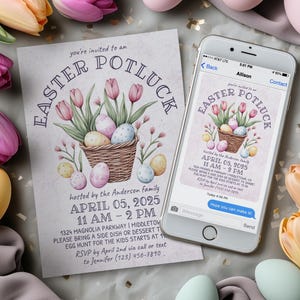 Easter Potluck Invitation, Digital 5x7 4x6 Printable Editable Template PDF JPG EBT225