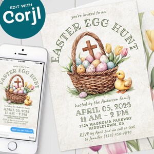 Invitación a la búsqueda de huevos de Pascua: invitación digital con diseño de patito y huevos de Pascua en forma de cruz, 5 x 7 y 4 x 6, plantilla editable e imprimible, descarga instantánea en formato PDF y JPG