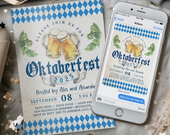 Oktoberfest Invitation: Blue Bavarian Check Traditional Beer, Digital 5x7 4x6 Editable Template PDF JPG