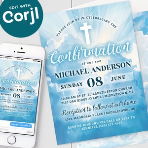 Confirmation Invitation - Blue Clouds Cross Boy Masculine Confirmation Digital Invite 5x7 & 4x6 Editable Template Instant Download PDF, JPG
