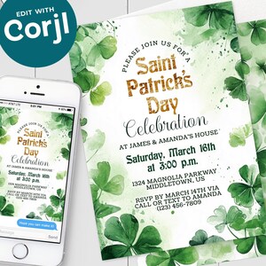 St. Patrick&#39;s Day Einladung: Shamrocks Saint Paddy&#39;s, 5x7 4x6 bearbeitbare Vorlage PDF JPG