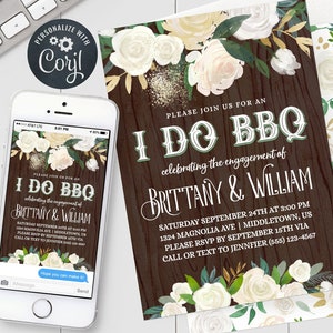 I Do BBQ Invitation - Engagement Party Cream Roses Dark Wood - Engagement BBQ Barbecue Digital Invite Editable Template Download pdf, jpg
