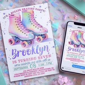 Roller Skating Birthday Invitation, Girls Skate Party, Digital 5x7 4x6 Printable Editable Template RS924