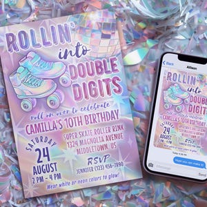 Roller Skating Double Digits 10th Birthday Invitation, Skate Party 5x7 4x6 Editable Template