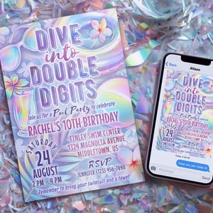 10th Birthday Pool Party Invitation: Dive into Double Digits, 5x7 4x6 Editable Template
