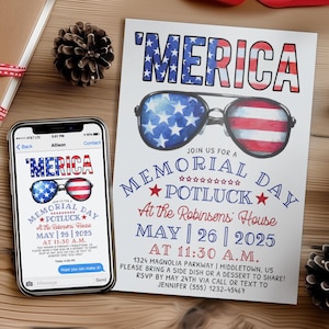Memorial Day Potluck Invitation, 5x7 4x6 Digital Printable Editable Template PDF JPG