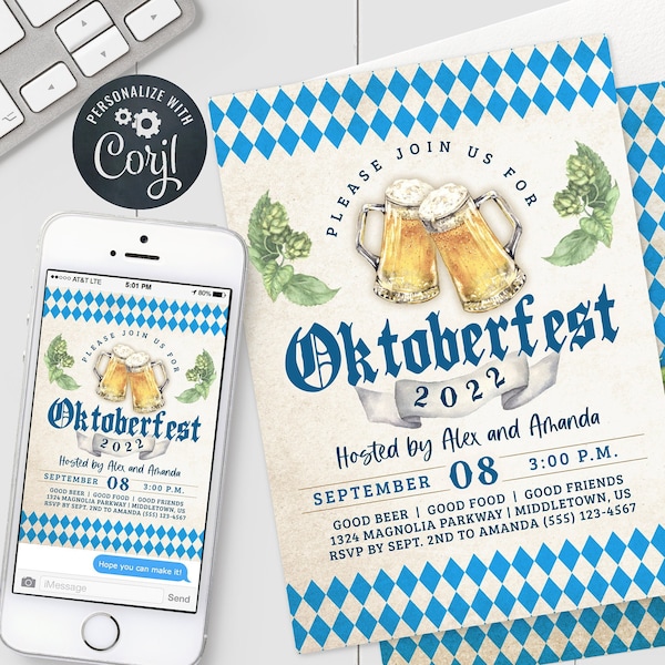 Oktoberfest Invitation - Blue Bavarian Check Traditional Oktoberfest Invite 5x7" & 4x6" Editable Template Instant Download PDF, JPG, or PNG