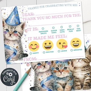 Katzen Geburtstag Kinder Dankeschön Notiz - Pastell Kätzchen Emotionen Checkbox Dankeschön-Karte 5x7 & 4x6 druckbare bearbeitbare Vorlage PDF JPG CDB223