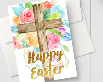 Printable Easter Card - Cross Happy Easter Editable Template - Print-at-Home Easter Greeting Card Instant Download JPG or PNG