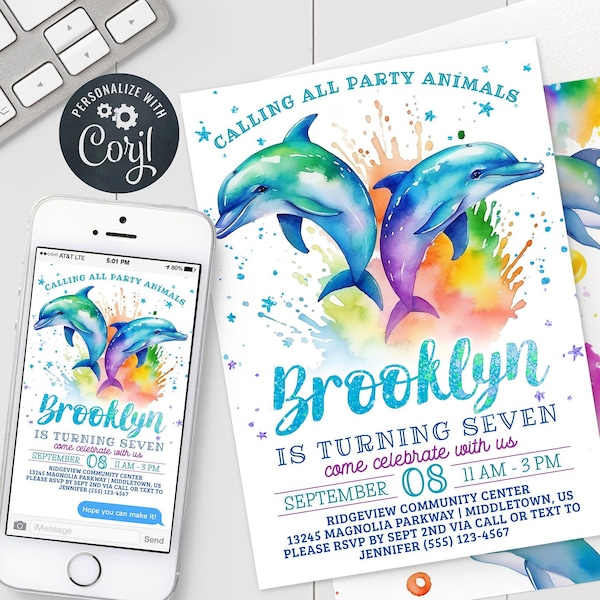 Dolphins Birthday Invitation - Rainbow Dolphin Girl Kids Bday Digital Invite 5x7 & 4x6 Printable Editable Template PDF, JPG, PNG RD0423