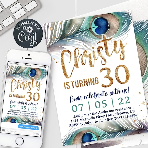 Peacock Feather Birthday Invitation - Boho Gold Adult Bday Digital Invite 5x7 & 4x6 Editable Template Instant Download PDF JPG PNG PCF423