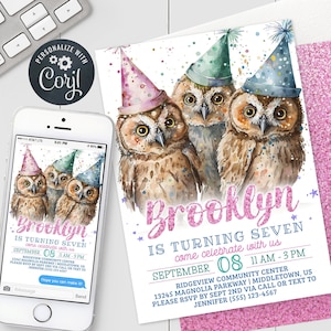 Owls Birthday Invitation - Pink Pastel Owl Girl Kids Bday Digital Invite 5x7 & 4x6 Printable Editable Template PDF, JPG, PNG OBD223