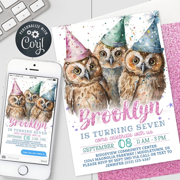 Owls Birthday Invitation - Pink Pastel Owl Girl Kids Bday Digital Invite 5x7 & 4x6 Printable Editable Template PDF, JPG, PNG OBD223