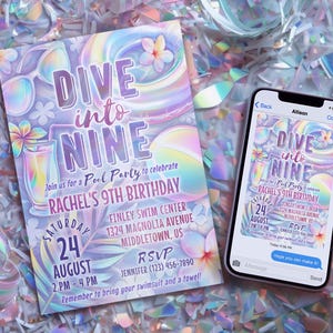 9th Birthday Pool Party Invitation: Dive into Nine Swim, 5x7 4x6 Editable Template