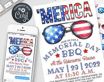 Memorial Day BBQ Invitation - Patriotic Memorial Day Party - 5x7 & 4x6 inch Invite Editable Template Instant Download PDF, JPG, or png