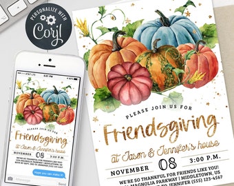 Friendsgiving Invitation Boho Gold Pumpkins Thanksgiving Digital Invite 5x7" & 4x6" Editable Template Instant Download PDF, JPG, PNG PU1022