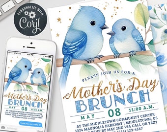 Mother's Day Brunch Invitation - Blue Birds Cute Mothers Digital Invite 5x7 & 4x6" Editable Template Instant Download PDF JPG PNG