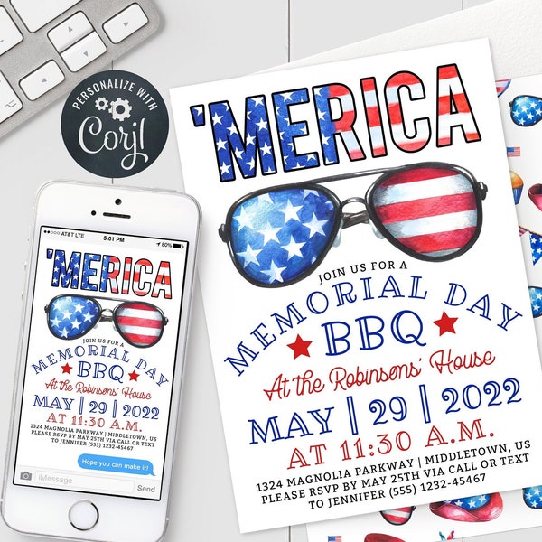 Memorial Day BBQ Invitation - Patriotic Memorial Day Party - 5x7 & 4x6 inch Invite Editable Template Instant Download PDF, JPG, or png