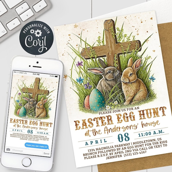 Easter Invitation - Cross Christian Bunnies Egg Hunt Digital Invite Template Easter Sunday or Easter Brunch Instant Download PDF JPG PNG