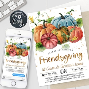 Friendsgiving Invitation Boho Gold Pumpkins Thanksgiving Digital Invite 5x7" & 4x6" Editable Template Instant Download PDF, JPG, PNG PU1022