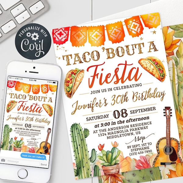 Fiesta Birthday Invitation - Taco 'Bout a Party Mexican Adult Bday Mobile Digital Invite 5x7 & 4x6 Printable Editable Template PDF, JPG, PNG