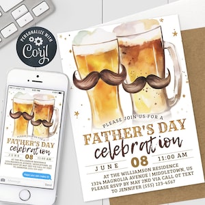 Fathers Day Invitation - Mustache Beer Father Day Party Celebration Digital Invite 5x7 & 4x6 Editable Template Instant Download PDF JPG PNG