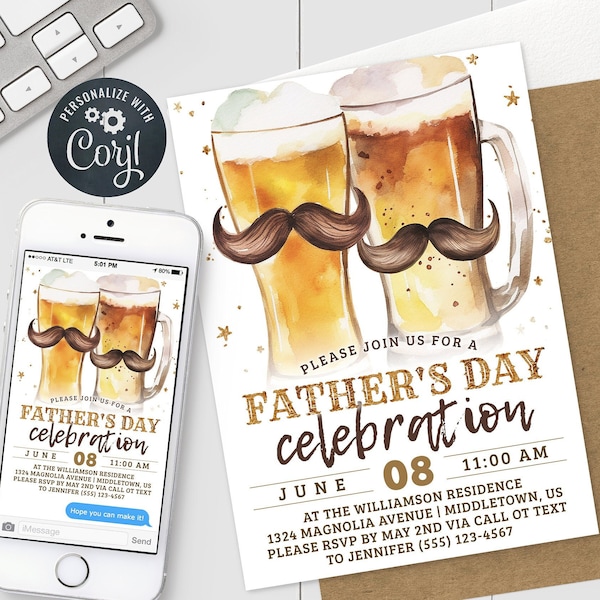 Fathers Day Invitation - Mustache Beer Father Day Party Celebration Digital Invite 5x7 & 4x6 Editable Template Instant Download PDF JPG PNG