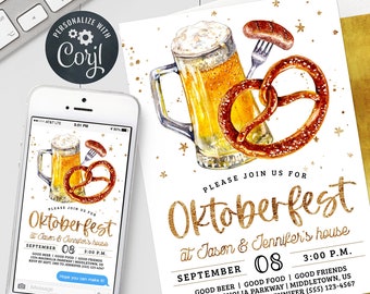 Oktoberfest Invitation - Boho Gold Beer Pretzel Oktoberfest Invite 5x7" & 4x6" Editable Template Instant Download PDF, JPG, or PNG
