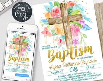 Invitation de baptême - Floral Cross Girl Baptême Baptême Invitation Modèle modifiable Téléchargement instantané PDF, JPG ou PNG