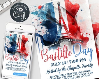 Bastille Day Invitation - Eiffel Tower France Jour de la Bastille Digital Invite 5x7 & 4x6" Invite Editable Template Download PDF, JPG, PNG