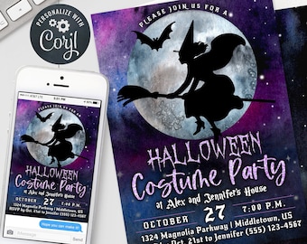 Halloween Invitation - Witch Moon Halloween Costume Party Digital Invite 5x7" & 4x6" Editable Template Instant Download PDF, JPG, or PNG