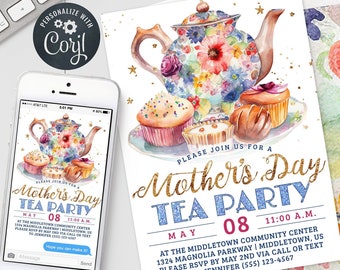 Mother's Day Tea Party Invitation - High Tea Mothers Brunch Digital Invite 5x7" & 4x6" Editable Template Instant Download PDF, JPG, PNG