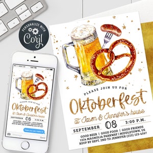 Oktoberfest Invitation - Boho Gold Beer Pretzel Oktoberfest Invite 5x7" & 4x6" Editable Template Instant Download PDF, JPG, or PNG