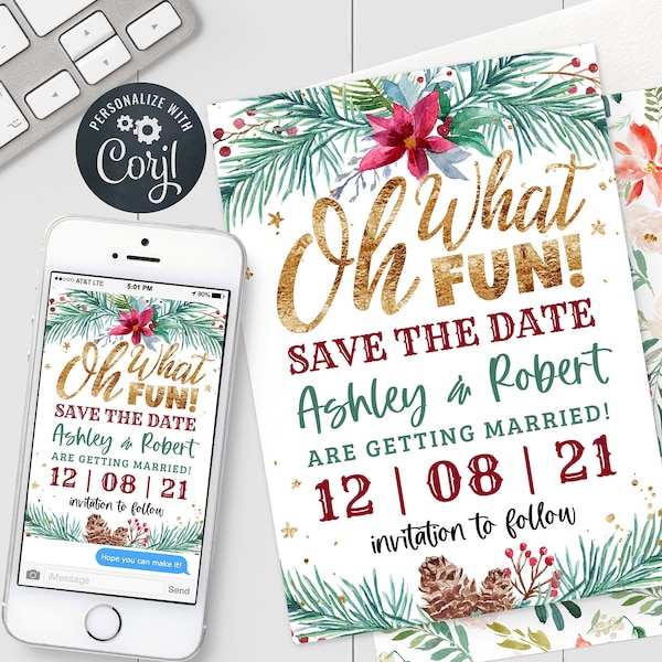 Christmas Save the Date - Oh What Fun Christmas Wedding Holiday Save Date - 5x7" & 4x6" Editable Template Instant Download PDF, JPG, or PNG