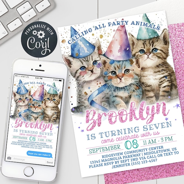 Kittens Birthday Invitation - Pink Pastel Cats Girl Kids Bday Digital Invite 5x7 & 4x6 Printable Editable Template PDF, JPG, PNG CBD223