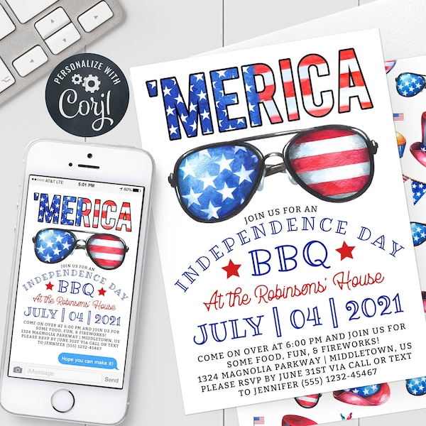 4th of July 'Merica Invitation - Independence Day Patriotic 5x7 & 4x6 inch Invite Editable Template Instant Download PDF, JPG, or PNG