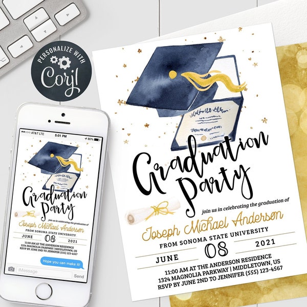 Graduation Party Invitation - Navy Gold Grad Cap 5x7 & 4x6 Graduation Mobile Digital Invite Editable Template Download PDF JPG PNG GR0622