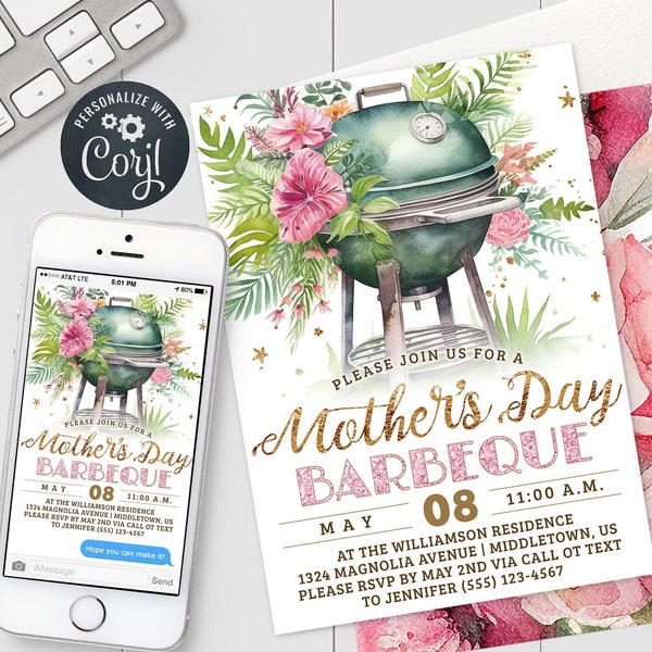 Mother's Day BBQ Invitation - Pink Floral Barbeque Barbecue Mothers Digital Invite 5x7 & 4x6" Editable Template Instant Download PDF JPG png