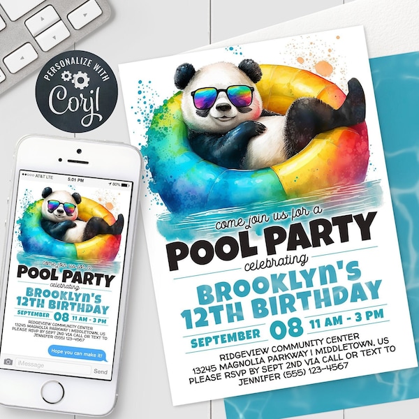 Pool Party Birthday Invitation - Panda Kids Swimming Party Digital Invite Bday 5x7 & 4x6" Editable Template Instant Download PDF, JPG, PNG