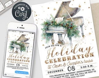 Holiday Party Invitation - Christmas Piano Party Digital Invite Boho Watercolor 5x7" & 4x6" Editable Template Instant Download PDF, JPG, PNG