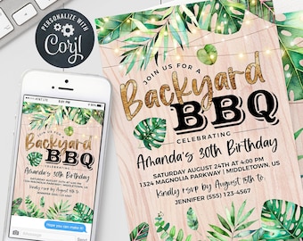 Backyard BBQ Birthday Einladung - Boho Rustic Tropical Barbecue Bday Digital Mobile Invite 5x7 & 4x6 bearbeitbare Vorlage Download PDF JPG png