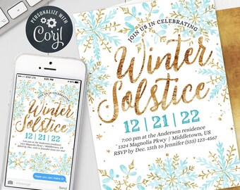 Winter Solstice Invitation - Blue Gold Snowflake Boho Solstice Party Digital Invite 5x7" & 4x6" Editable Template PDF, JPG, PNG - BSF1022