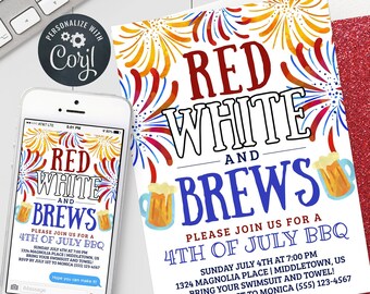 Invito per il 4 luglio Red White and Brews, modello digitale modificabile 5x7 4x6