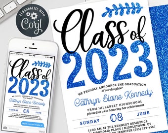 Graduation Invitation - Class of 2023 Blue Grad Party Digital Invite - Editable Template Instant Download PDF, JPG, or PNG